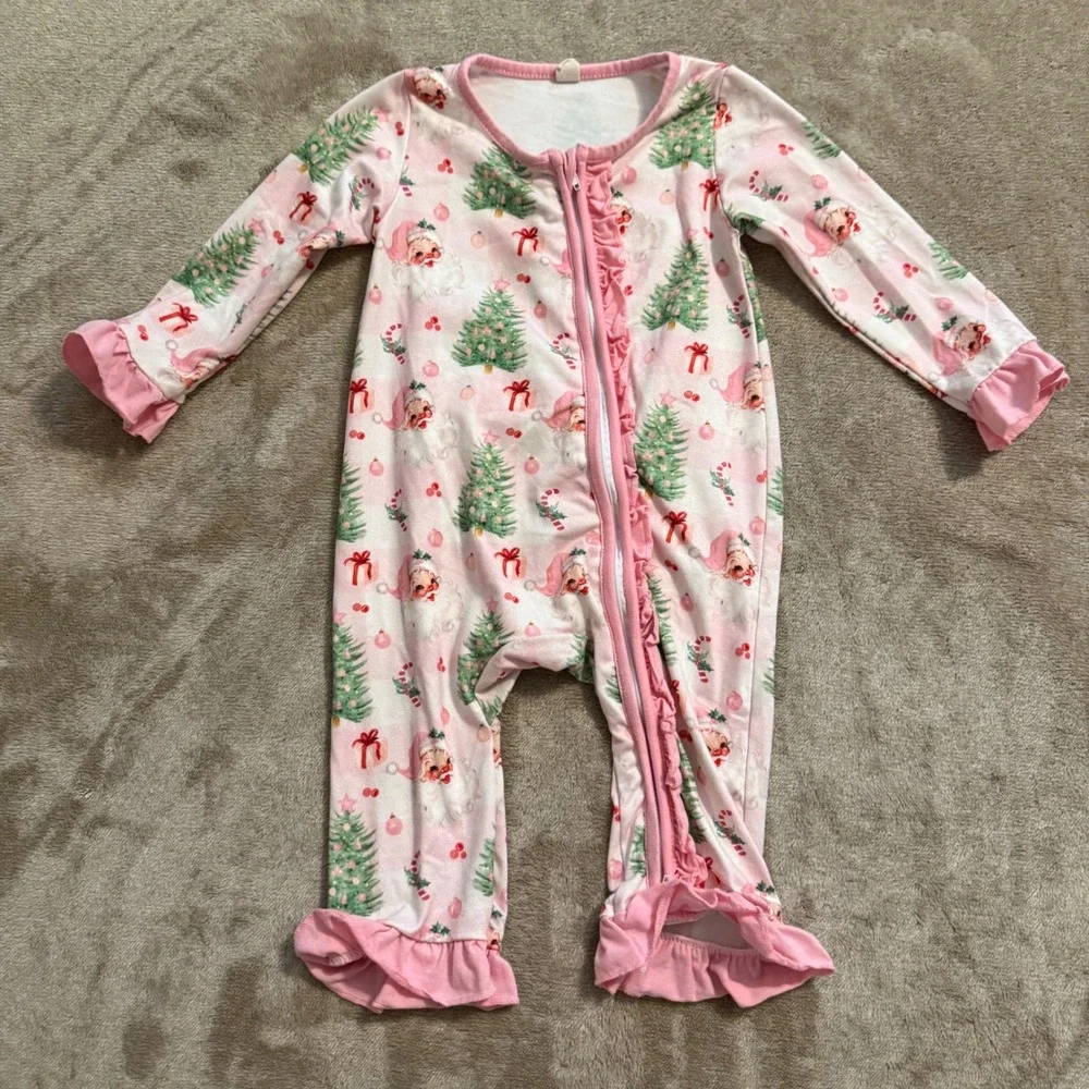 Pink Vintage Santa Christmas Ruffle Footless Sleeper Pajamas 6-12M